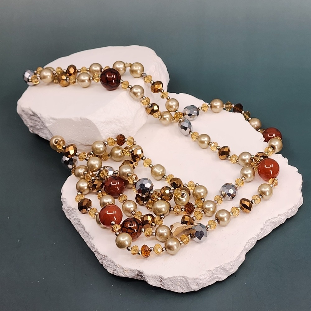 Gold & Amber Tone Faux Pearl Brown Beaded Long Statement Necklace Chunky Layer